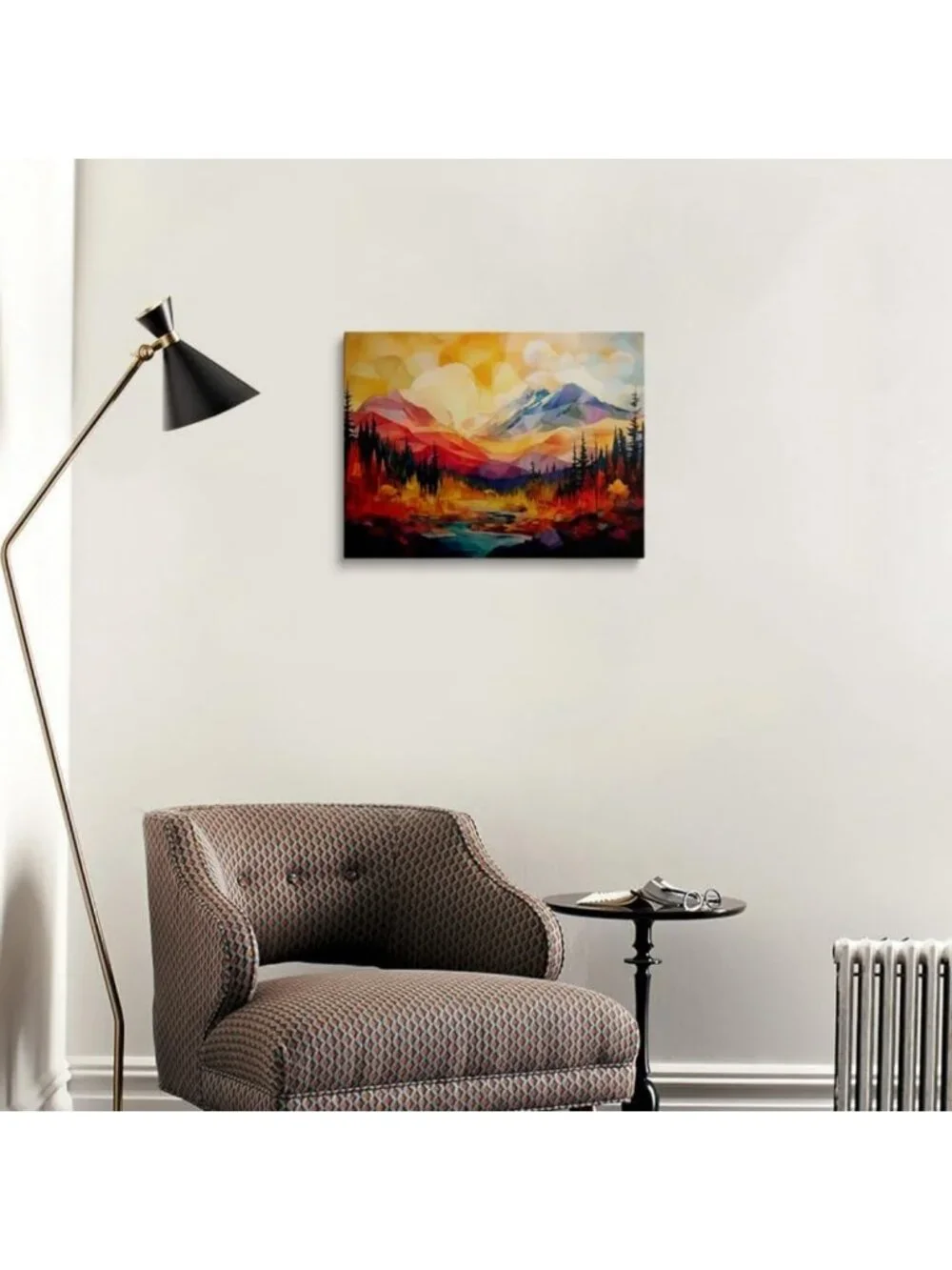 Abstract Mountain Sunset Canvas Art - Framed Geometric Peaks & River Decor 16x24